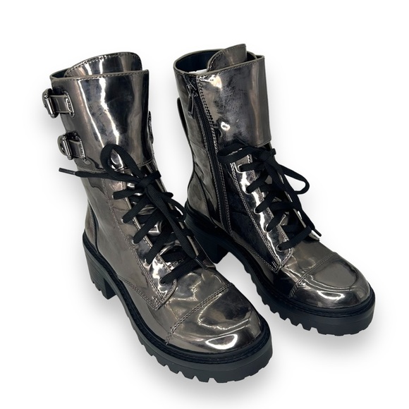 NWT DKNY Bart Combat Boots Size 7 Metallic Patent Gunmetal Mirror Finish in Box - Picture 1 of 9